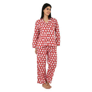 Conjunto de Pijama de Algodón para Mujer, Ropa de Dormir Cómoda para Verano con Estampado de Hojas Rojas y Blancas y Animales, Cierre de Botones, Ropa para el Hogar ODM - Product Image 6