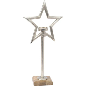 Porte-bougie en métal élégant en forme d'étoile avec base en bois, aluminium nickelé, décoration de table pour la maison, pour Noël et les cadeaux - Product Image 2