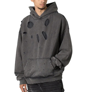 Sudaderas con capucha desgastadas al por mayor para hombres Ropa de calle de color único Hombres Sudadera con capucha desgastada de invierno cómoda - Product Image 5