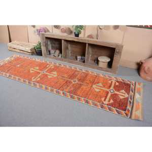3x10.3 ft <b>Rug</b>, Turkish Vintage <b>Runner</b> <b>Rug</b>, Orange Herki Wool <b>Rug</b> - Product Image 3