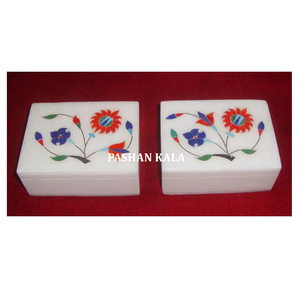 Boîtes à Bijoux De Forme Rectangulaire En Marbre Blanc Incrustation Pour Cadeau D'entreprise Et Décoration Indienne Grossiste Et Fabricant Indien - Product Image 1