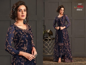Ensemble de 3 pièces de vêtements de fête pakistanais brodés de haute qualité, comprenant un haut, un pantalon et un dupatta en filet Vaishnavi semi-cousu, long kurta - Product Image 4