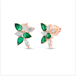 Ornate Diamond And <b>Emerald</b> Floral Cluster <b>Stud</b> <b>Earrings</b> Crafted For Women Who Appreciate Fine Detail Jewelry From India - Product Image 1