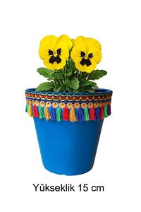 Maceta Decorativa de Plástico para Jardín NF Lauren Pot, Estilo Boho, Decorada a Mano, Maceta de Escritorio con Borlas Azules y Flores - Product Image 3