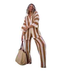 Femmes 2 pièces rayé tricot col en v creux bouton haut et pantalon à jambes larges vacances d'été Sexy correspondant ensemble de vêtements de détente motif solide - Product Image 1