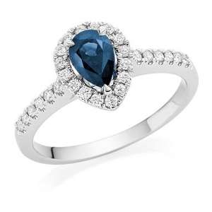 Bague élégante en or 14 carats avec saphir bleu de laboratoire de 1 carat en forme de poire, serti halo et bande pavée, certifiée IGI, bijoux de fiançailles personnalisés - Product Image 1