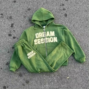 ชุดเซ็ตสองชิ้น เสื้อฮู้ดดี้ผ้าฝ้าย 100% สไตล์วินเทจสำหรับฤดูหนาว กางเกงขาบาน มีเชือกผูกเอว พิมพ์ลายสกรีน ลุคซันเฟด แอซิดวอช - Product Image 1