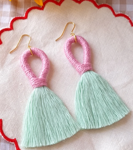 Macaron Pastel Pink and <b>Green</b> Tassel <b>Earrings</b> - Lightweight Cotton Statement <b>Earrings</b> - Product Image 2