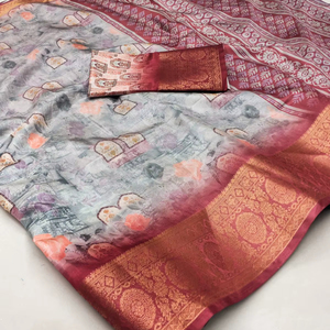 Sari imprimé numérique en soie Dola douce de qualité supérieure avec bordure tissée Kanjivaram vêtements indiens et pakistanais - Product Image 2