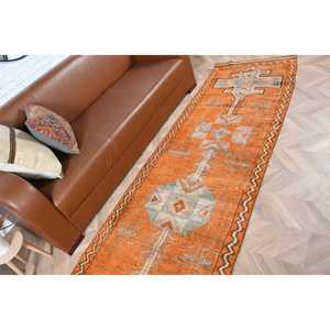 Tapis turc vintage 2,9x10,6 pieds, tapis en laine à motifs floraux orange et gris - Product Image 4