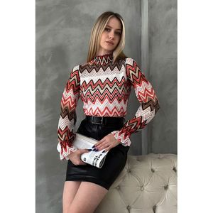 Blusa de Poliéster con Estampado en Zigzag para Mujer, Color Naranja Vibrante, Marca TOPSHOW - Paquete al por Mayor, Tallas S-M-L Disponibles - Product Image 1