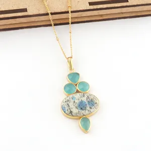 Kalung liontin rantai manik-manik wanita, Kalung liontin rantai berlapis emas, Kalung Boho kalsedon Aqua Jasper Multi batu, mode wanita baru