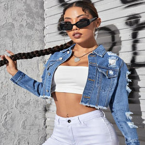 Transpirable Venta al por mayor daño Denim Jean chaquetas lavado azul recortado Denim chaqueta de manga larga Denim Mujer chaqueta recortada - Product Image 2