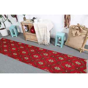 2x9 ft Turkish Vintage Rug, <b>Runner</b> Rug, <b>Red</b> Yellow Moroccan Wool Rug - Product Image 4