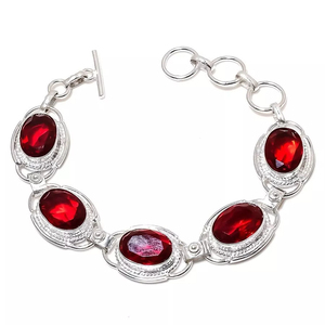 Bracelet en argent Sterling réglable élégant fait à la main ovale grenat rouge pierres précieuses Style Vintage bijoux de fête de mariage chrétien - Product Image 2