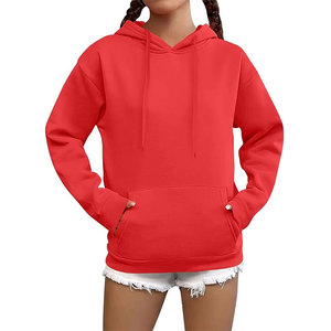 Sudadera con Capucha Informal para Mujer, 100% Algodón, Manga Larga, Ligera, Lisa, Holgada, para Otoño e Invierno, con Bolsillo, Roja - Product Image 4