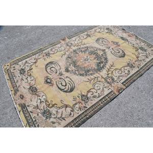 Auténtica alfombra turca Vintage amarillo verde diseño de retazos área grande 5,1X7,9 pies Material de lana látex para decoración de habitación de pasillo - Product Image 2