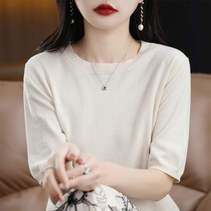 เสื้อสวมหัวผู้หญิงถักเสื้อยืดแขนสั้น 2024 ฤดูใบไม้ผลิ/ฤดูร้อนใหม่ O-คอเสื้อยืดผู้หญิงพื้นฐานสีทึบครึ่งแขน - Product Image 3