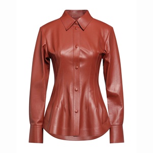 Camisa de Cuero Genuino Color Marrón Oxidado para Mujer, Cuello Alto, Manga Larga, Cierre de Botones, Diseño Personalizado, Camisa de Cuero de Manga Corta Negra - Product Image 1