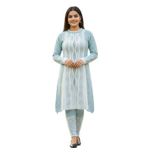 Conjunto de Kurti Tejido Azul Cielo con Patrón Geométrico, Vestido Midi de Manga Larga, Ropa Casual de Invierno - Product Image 1