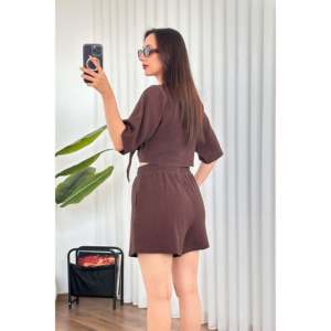 Muslin Front-<b>Tie</b> Short Model Wholesale Coffee Kimono - <b>Brown</b> - Product Image 5