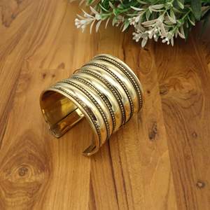 Wide Golden Cuff <b>Boho</b> Statement <b>Bracelet</b> Adjustable Brass Bangle Vintage Style Geometric Jewelry Gift Unisex Party Occasion - Product Image 1