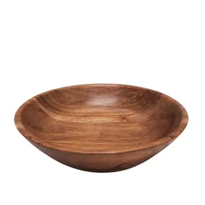 Set Of 3 Acacia Wood Deep Round Plate Natural Colour Small Size New Design Salad Bowl For Restaurant & Kitchen Decoration