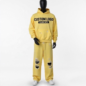 Survêtement unisexe 100% coton personnalisable Sweat à capuche zippé surdimensionné pour homme Pantalon de survêtement évasé en tricot Vêtements d'extérieur décontractés pour l'automne - Product Image 3