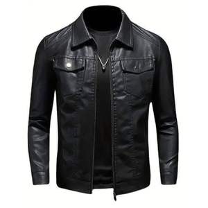 Chaqueta de motociclista para hombre de piel sintética con solapa con cuello, cierre de cremallera y bolsillos en el pecho - Product Image 1