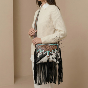 Handcrafted Cowhide Fringe Sling <b>Bag</b> Western Tooled Leather Crossbody <b>Boho</b> Tassel <b>Bag</b> for Women Turquoise <b>Bag</b> Cowgirl Purses - Product Image 2