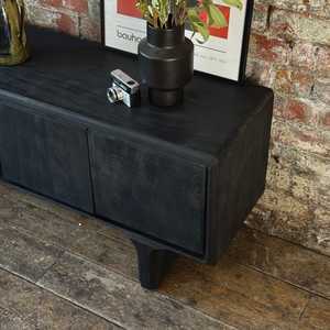 Unité TV Milo moderne à 4 portes en bois de manguier massif en noir pour salon chambre à coucher salle à manger appartement d'hôtel - Product Image 3