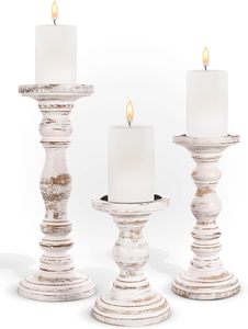 Handmade Round Mangowood Farmhouse Style <b>Candle</b> Holders for <b>Pillar</b> <b>Candles</b> (Whitewash Set of 3) - Product Image 2