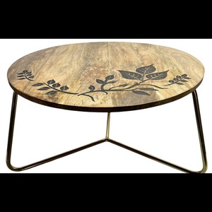 Modern Design Coffee <b>Table</b> With Mango Wood Top With Natural Finish and Gold Pleated Stand - Product Image 1