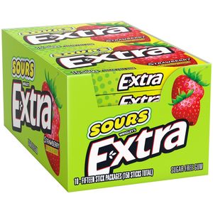 Chewing-gum EXTRA SOURS à la fraise sans sucre, bonbons acidulés aux fruits, paquet de 15 bâtonnets, 10 unités - Product Image 1