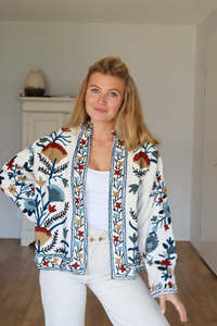 Veste bomber en coton tricoté brodée à la main Suzani de qualité supérieure 100% respirante boutonnée classique élégante hiver automne - Product Image 3