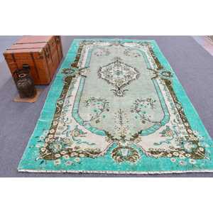 พรมตุรกีขนาดใหญ่ 5.9x10.3 ฟุต สีน้ำเงินลายจุด พรมขนสัตว์วินเทจ - Product Image 1