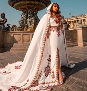 2025@Stylish Colorful Embroidery on <b>White</b> Caftan with Trail Barnousse Dress Embellished with Crystal Glass Beads Stones Pearls - Product Image 2