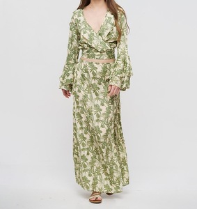 FASHION 2025 LONG <b>SKIRT</b> with GREEN & BEIGE TOP GOLD DETAILS ADJUSTABLE WAIST LONG SLEEVE FLARED STYLE Polyester/Cotton Party - Product Image 1