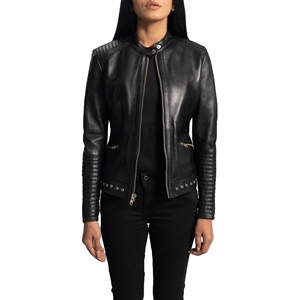 Chaqueta de motorista de piel de oveja auténtica para mujer, cremallera de anilina, forro de viscosa acolchado, tejido transpirable para la temporada de otoño Haley Ray - Product Image 1