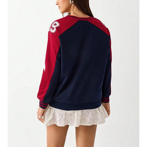 Sudadera Informal Holgada con Cuello en V y Estampado de Letras Personalizado, Sudadera de Mujer con Cuello Acanalado y Manga Larga en Color de Contraste - Product Image 2