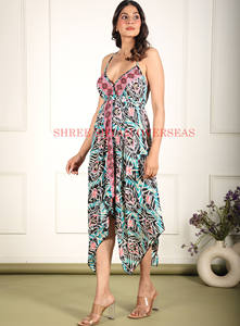 ชุดเดรสรีสอร์ทผ้าไหมพิมพ์ลายไม่สมมาตรสำหรับผู้หญิงชุดเดรสสั้นพิมพ์ลายคอวีแขนกุดสำหรับฤดูร้อน - Product Image 3