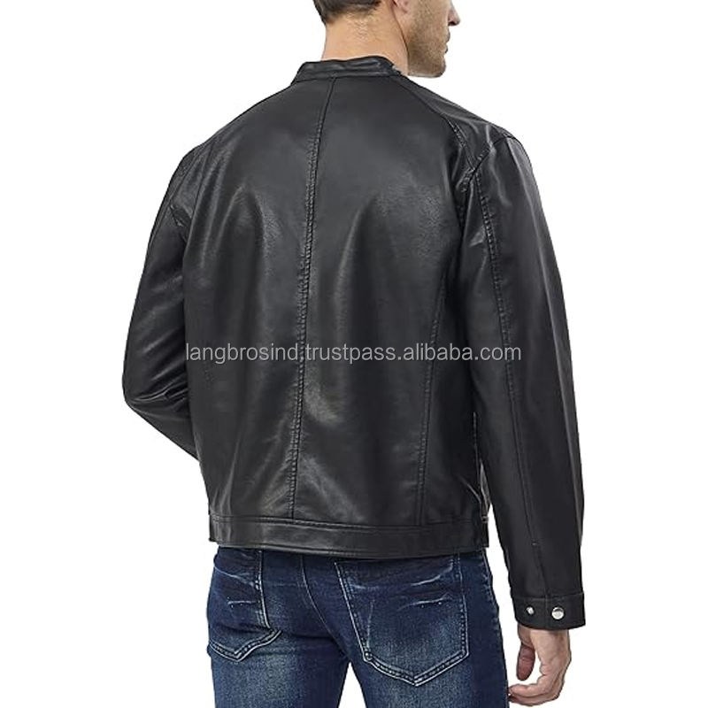 Faux Leather Jacket With Stand Collar Bomber Jacket Men's Slim Fit