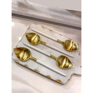 <b>Gold</b> Plated Stainless Steel Serving Spoon <b>Set</b> with <b>White</b> Long Handle Design Royal Look Server <b>Set</b> for Wedding Home - Product Image 1