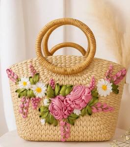 Boho Summer Handmade Straw Purse Straw Tote with Pink Rose and Daisy Ribbon Embroidery - Product Image 1