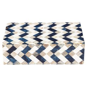 Boîte à corne incisée bleue/blanche Boîte à os bleu et blanc à motifs graphiques modernistes avec corne incisée à la main - Product Image 1