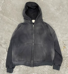 À capuche de qualité sans ficelle polaire vierge zip up vintage double couche lavé soleil fané sweats à capuche en détresse pour hommes - Product Image 2