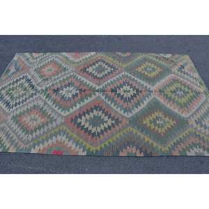 Tapis en laine rouge vert Kilim de grande surface 4.4x7.5 pieds Patchwork rectangulaire en latex à tissage plat turc pour couloir en peluche 4x7 tapis de chambre - Product Image 3