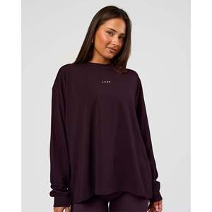<b>Women's</b> Oversized <b>Long</b> <b>Sleeve</b> Tee in FLXCotton 95% Cotton 5% Spandex Midnight Plum <b>White</b> - Product Image 1