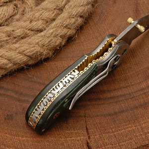 Cuchillo plegable de bolsillo de acero de Damasco artesanal con Funda de cuero y mango decorativo para acampar y EDC - Product Image 5