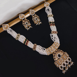 Parure collier plaqué or avec pierre Pota et perles Bijoux de mariée traditionnels pour saree, lehenga et vêtements ethniques - Product Image 1